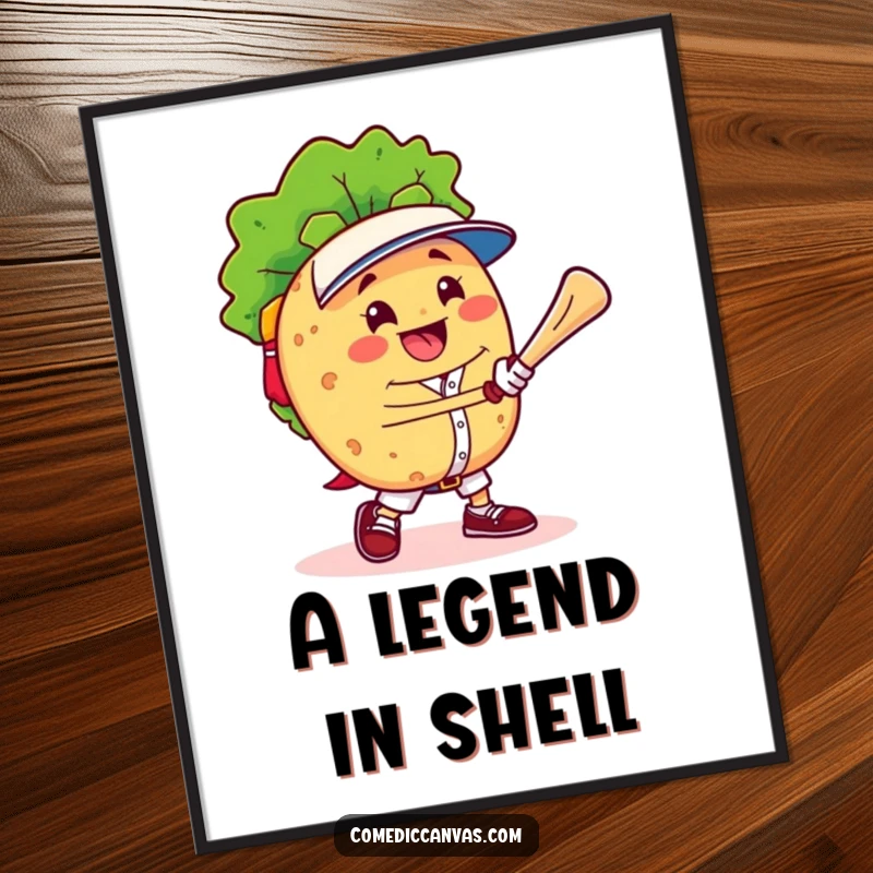 Funny cheerful taco character triumphantly playing baseball, offered as a high-resolution digital art download for instant humorous decor.