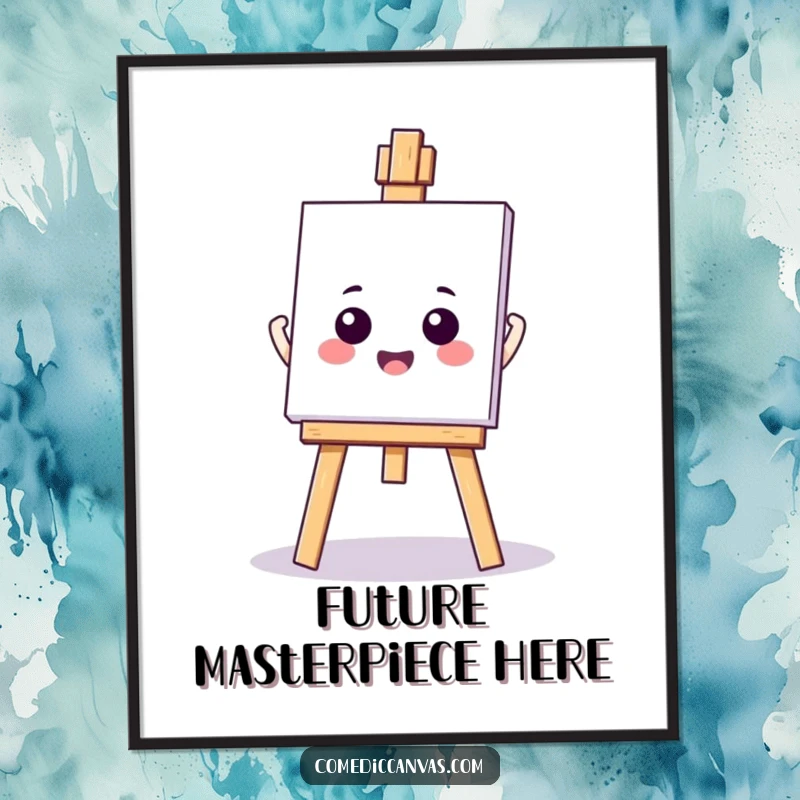 Funny kawaii easel holding a blank canvas, a digital art print symbolizing artistic potential and humor, instantly downloadable.