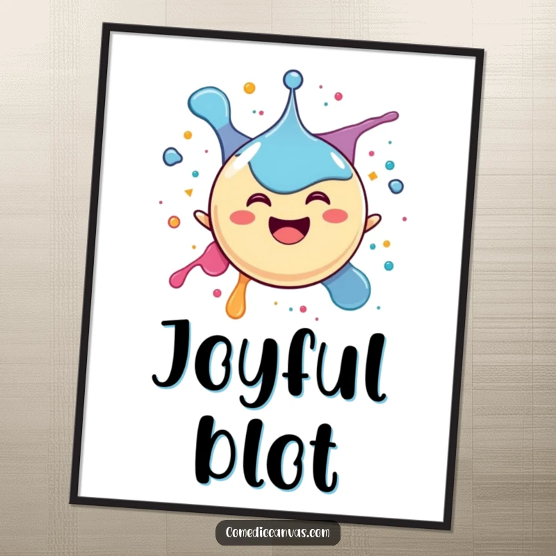 Funny digital art print of a happy spherical ink drop character mid-splatter, exuding pure, infectious joy and energetic fun.