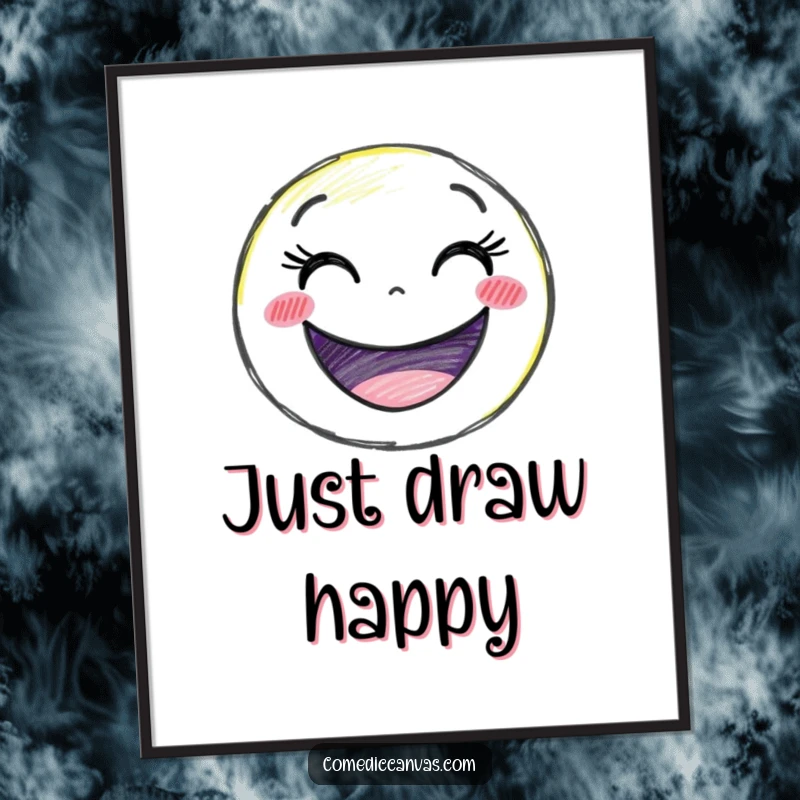 Funny delighted crayon character drawing a giant smiley face, a humorous digital illustration for download.
