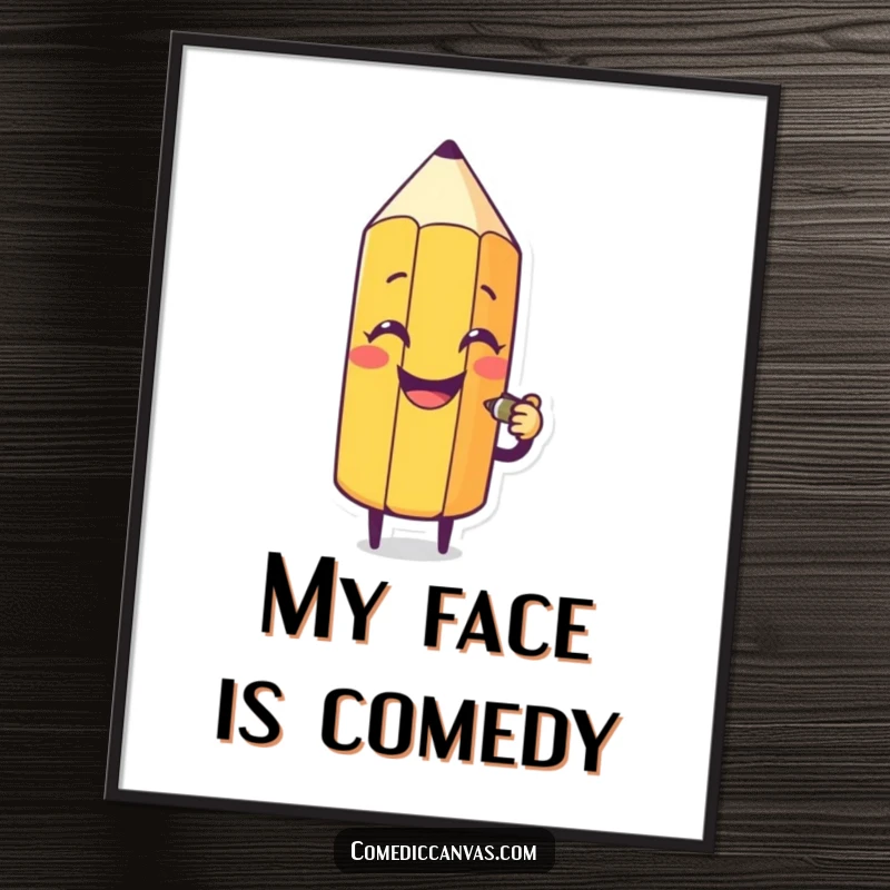 Funny digital art print featuring a happy pencil character drawing a comical silly face, ready for immediate home decor.