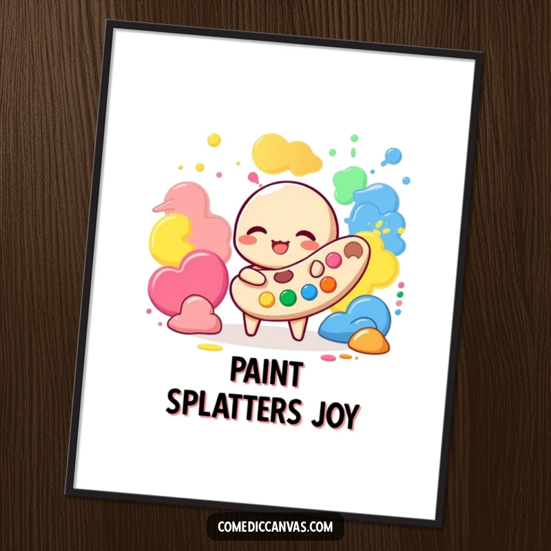 Funny digital art print of a giggling palette character playing with vibrant paint blobs, ready for immediate wall decor.