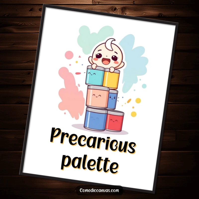 Funny digital art print of a laughing character precariously balancing a towering stack of colorful paint cans.