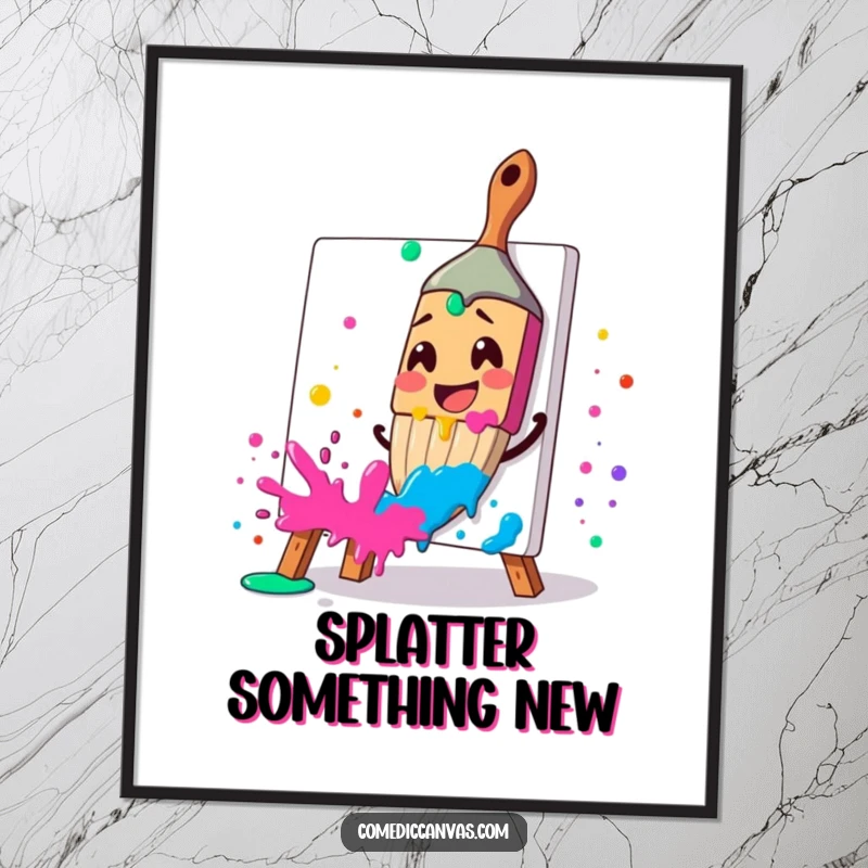 Funny digital art print of a smiling paintbrush excitedly splattering paint, ideal for instant download and art decor, a funny gift.