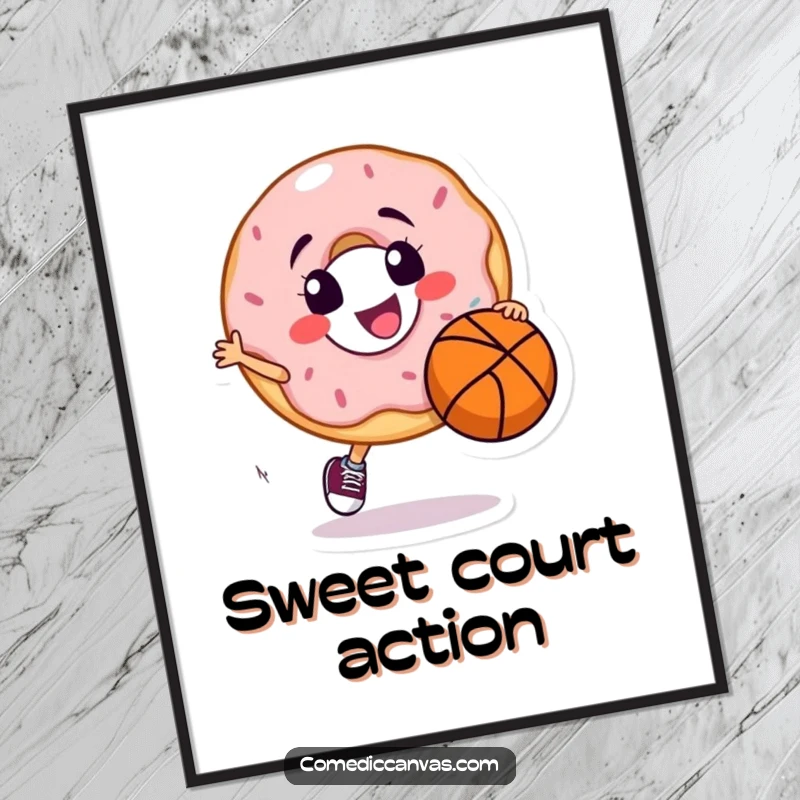 Funny digital art print of a smiling donut character joyfully dribbling a basketball, radiating pure athletic spirit and sugary fun.