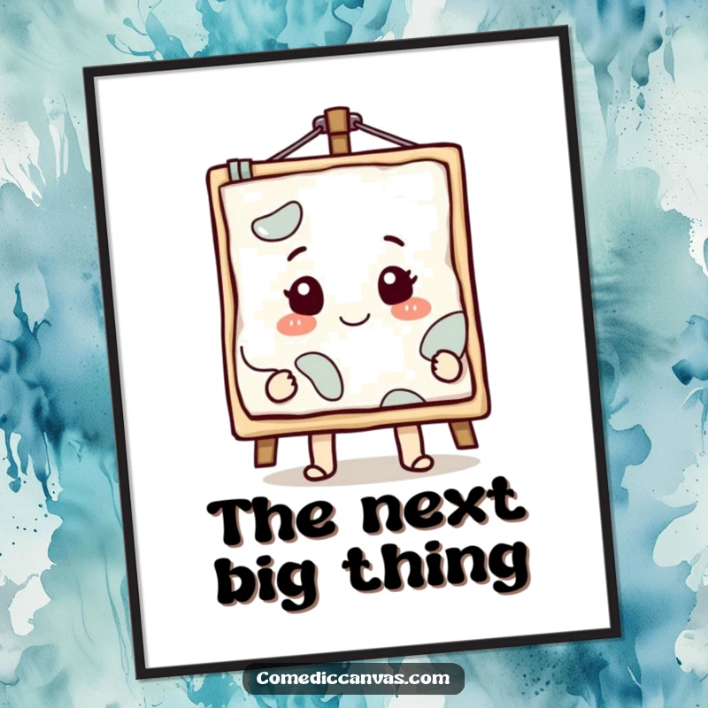 Funny smiling canvas character with a masterpiece emerging, a humorous digital illustration for download.