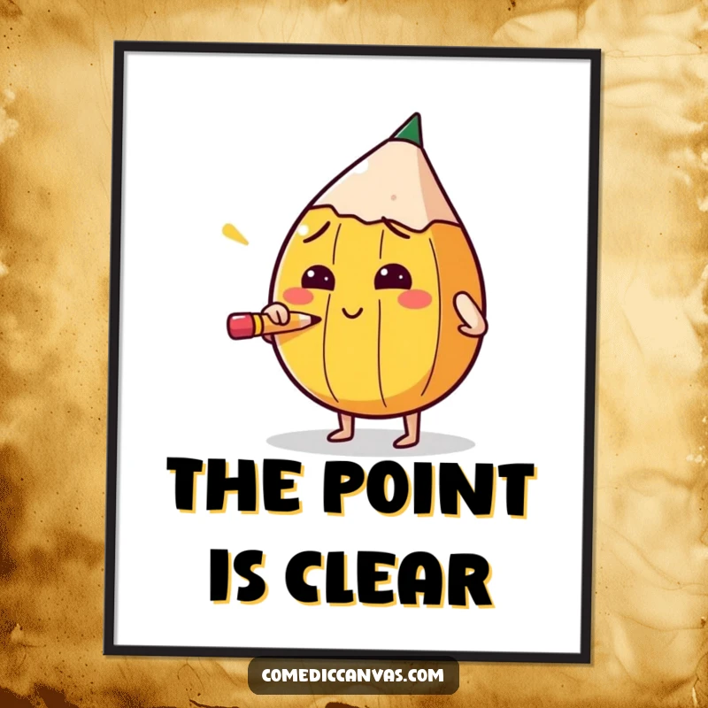 Funny digital art print of a round pencil character sharpening itself with extreme concentration, perfect for motivational decor.