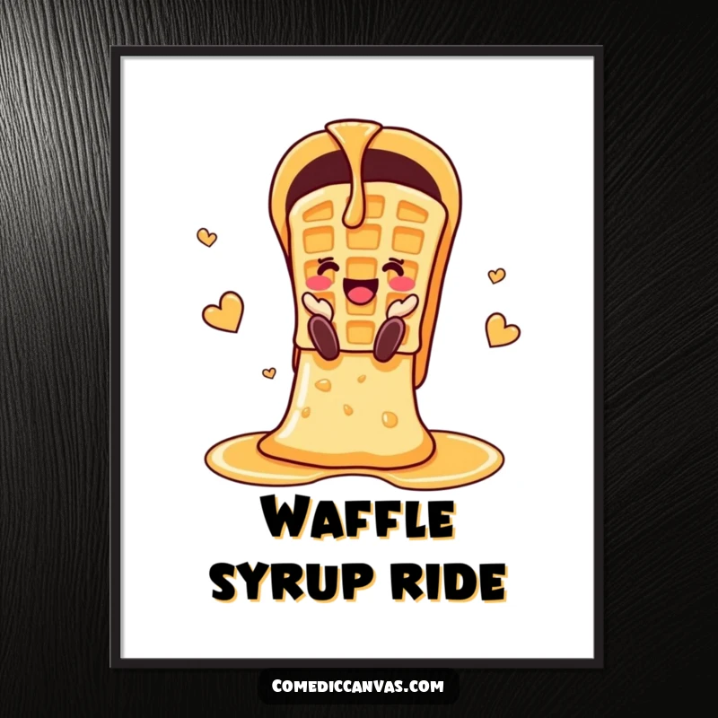Funny cheerful waffle sliding down a chute made of syrup, a joyful digital art print.