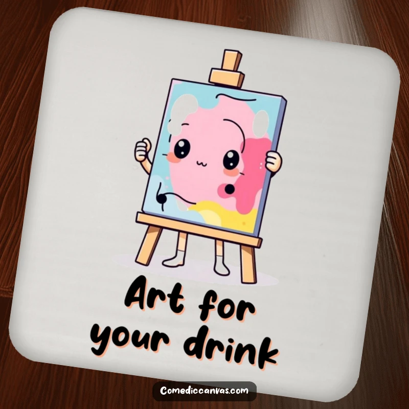 Funny determined easel character holding up an abstract masterpiece, set of coasters, humorous artistic illustration.