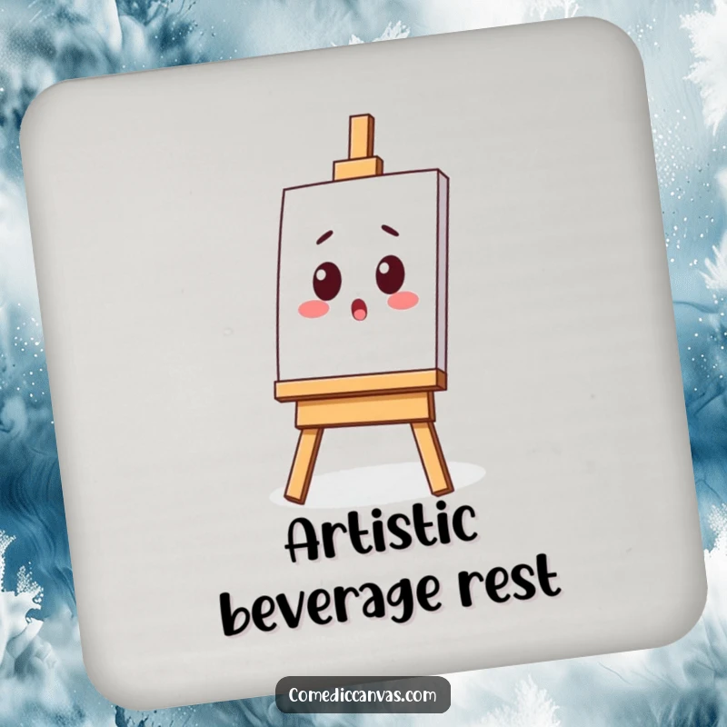 Funny drink coaster featuring a surprised kawaii easel with a tilted canvas, protecting surfaces with artistic humor.