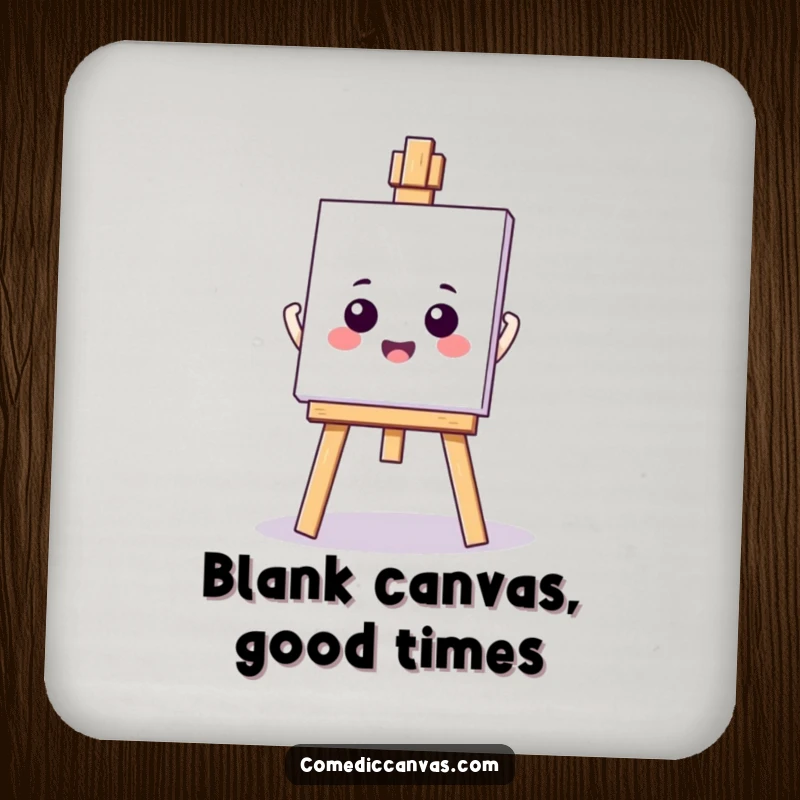 Funny kawaii easel holding a blank canvas, a protective drink coaster with artistic humor, a small yet impactful gift.