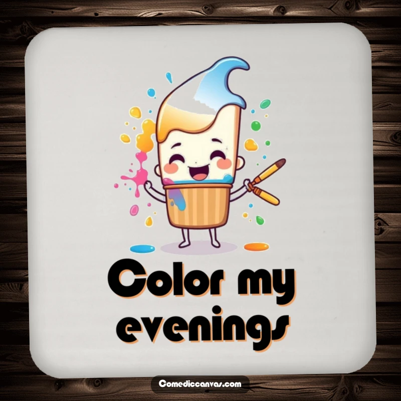 Funny cheerful paintbrush character happily splattering colorful paint, a humorous drink coaster.