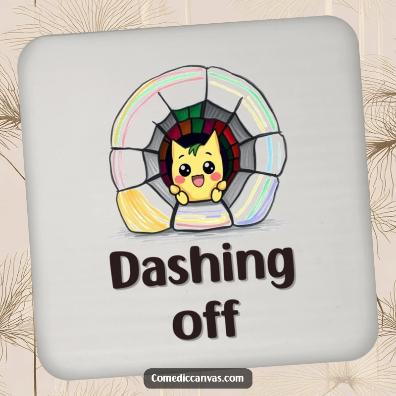 Funny drink coaster featuring a mischievous crayon character humorously drawing a small, colorful escape tunnel, adding witty protection for surfaces.