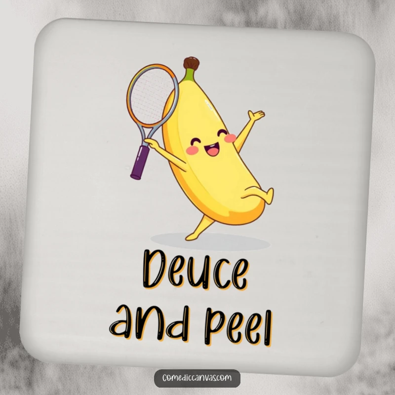 Funny banana character doing a cartwheel with a tennis racket, adding a humorous protective layer to surfaces on this coaster.