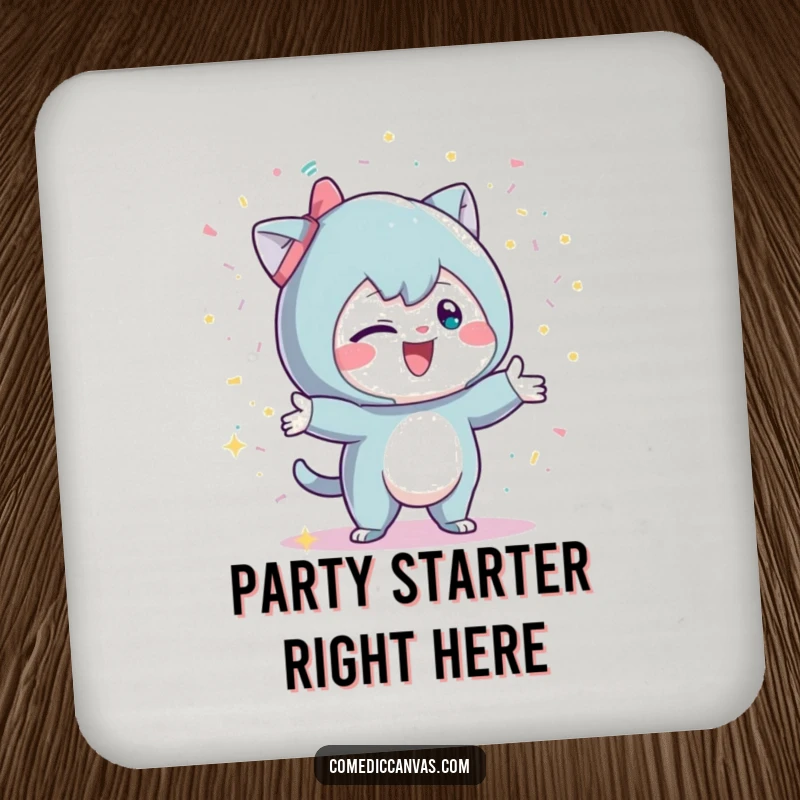 Funny drink coaster with a mischievous character playfully throwing glittery confetti, adding festive flair and surface protection.