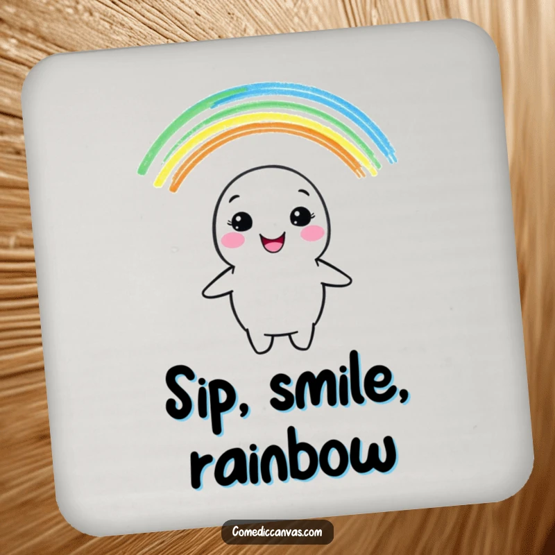 Funny drink coasters with a cheerful crayon character drawing a vibrant rainbow, bringing artistic joy to any table.