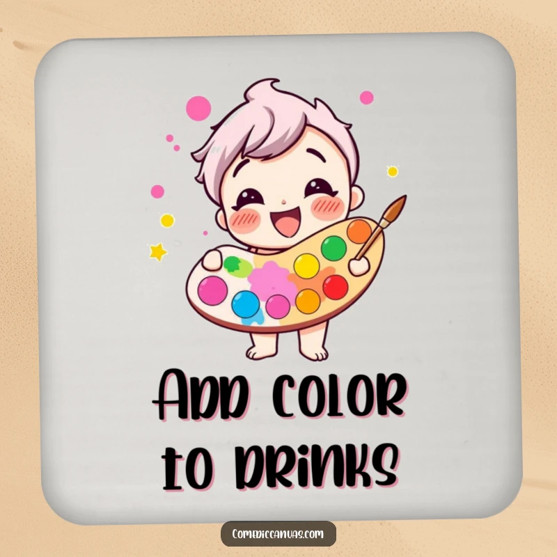 Funny giggling paint palette character overflowing with bright colors, set of coasters, humorous colorful illustration.