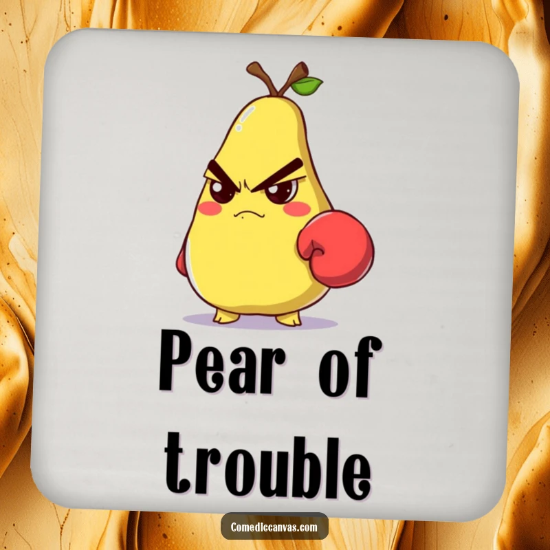Funny grumpy pear with a small boxing glove glaring on a protective drink coaster.