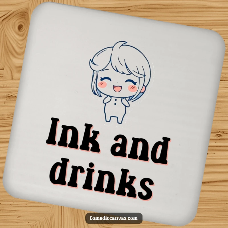 Funny Ink Pen Coaster Set with a joyful character creating elegant, flowing strokes, offering a touch of artistic class.