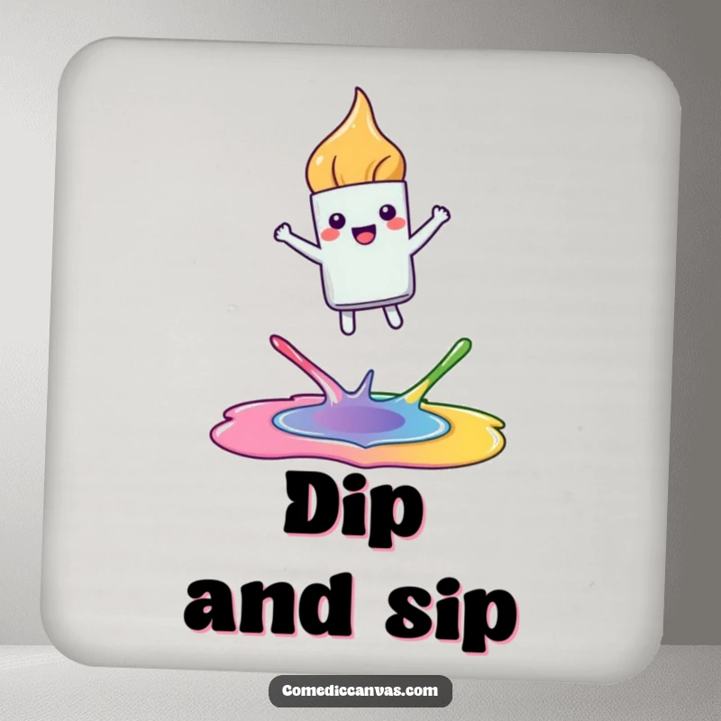 Funny drink coaster featuring a happy, kawaii paintbrush leaping joyfully between colorful paint puddles, protecting surfaces with artistic flair.