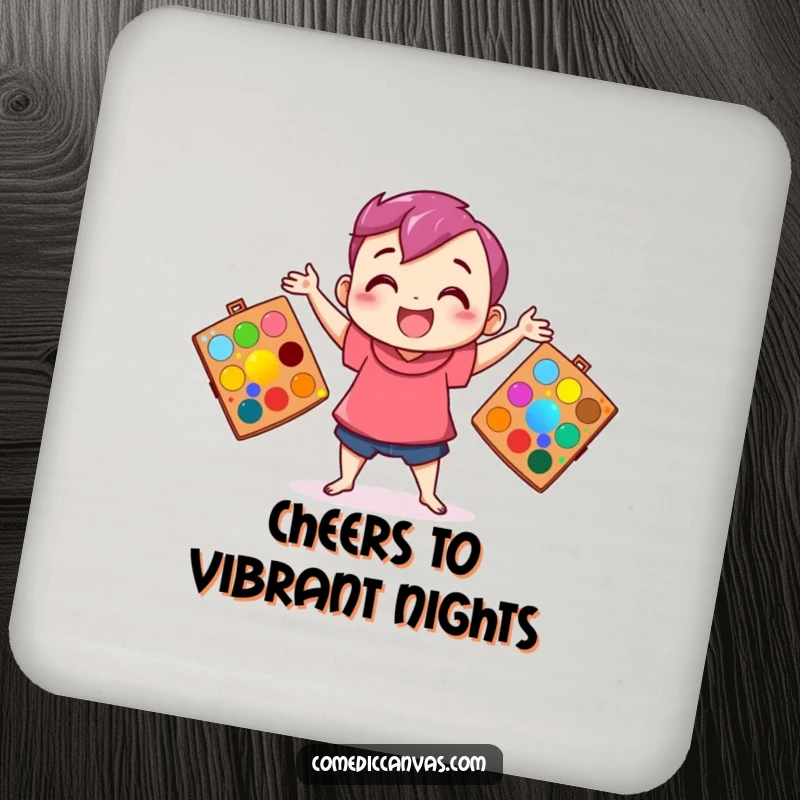Funny drink coaster featuring a happy character juggling art palettes filled with bright colors, adding artistic flair to your space.