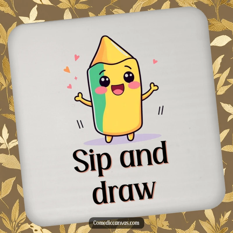 Funny drink coaster showcasing a cute, kawaii crayon wiggling with delight as it draws, protecting surfaces with artistic charm.