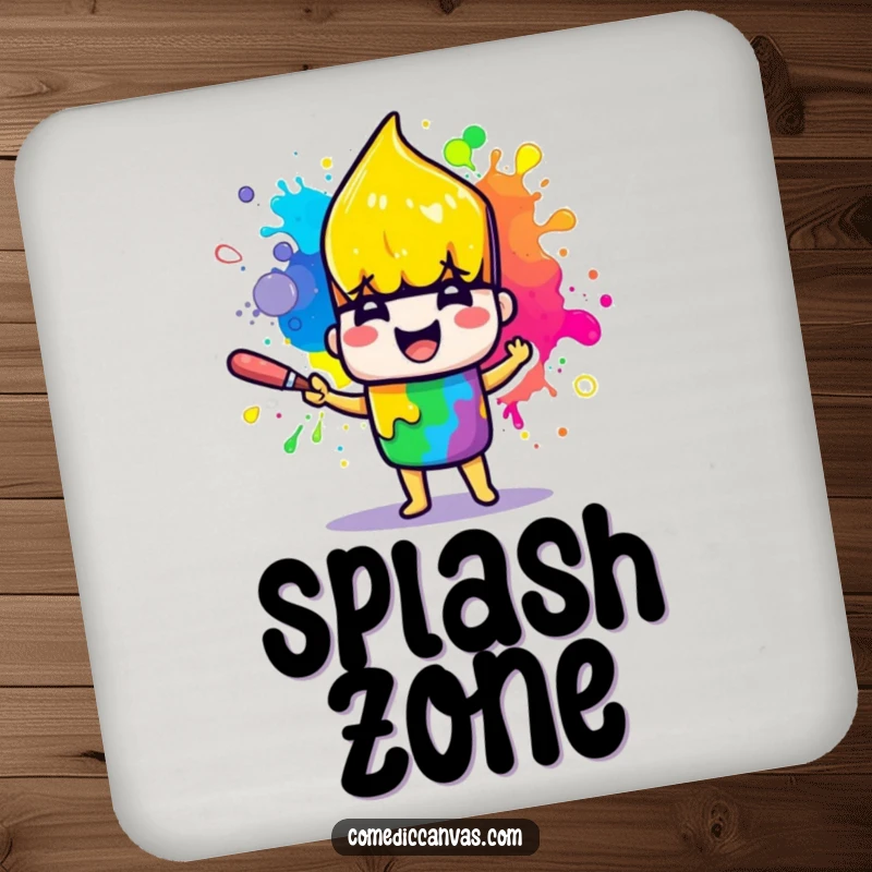 Funny drink coasters featuring a cheerful paintbrush character joyfully splattering rainbow paint, protecting surfaces.