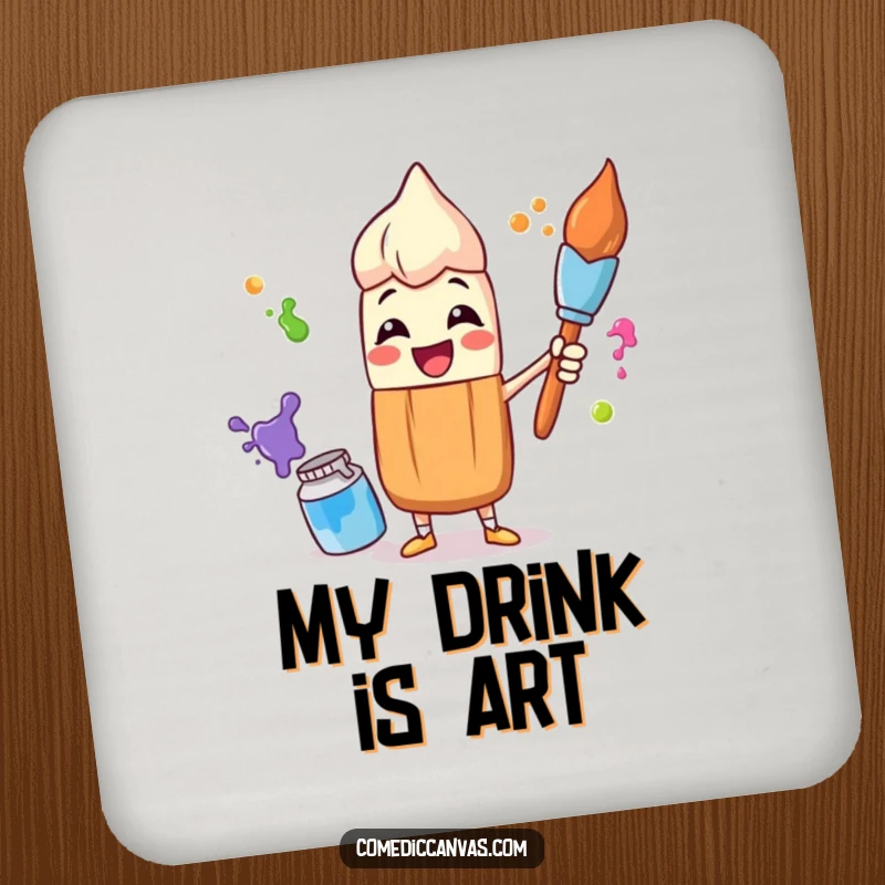 Funny drink coasters showcasing a happy paintbrush character juggling colorful paint pots, adding a touch of playful art to any table.