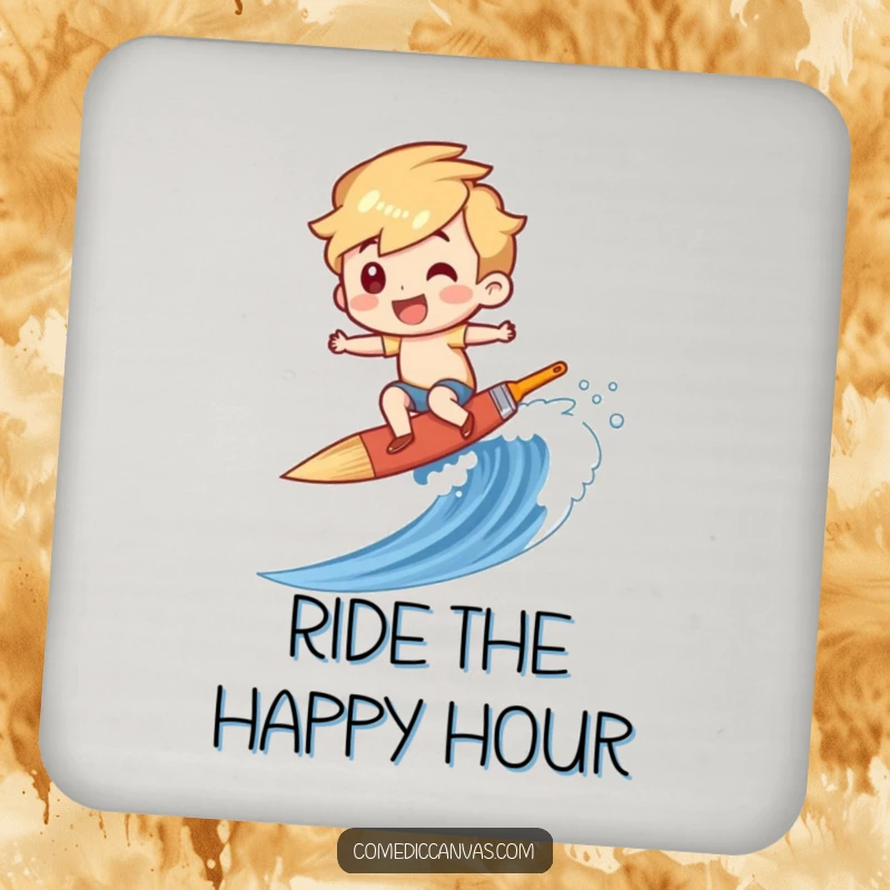 Funny drink coaster featuring a character surfing a paintbrush down a painted wave, adding artistic flair to your space.