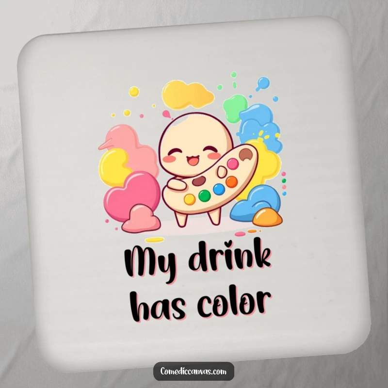 Funny drink coasters with a giggling palette character playing with vibrant paint blobs, adding artistic whimsy to any table.