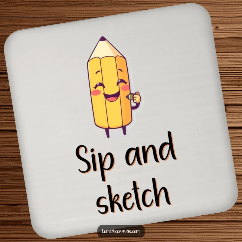 Funny drink coasters with a smiling pencil character sketching a silly face, adding a touch of whimsy to your tabletop.