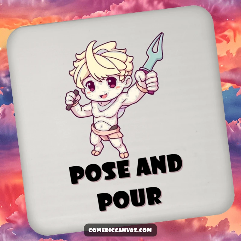 Funny drink coasters featuring a cute sculpture arm character dramatically posing with a tool, for protection.