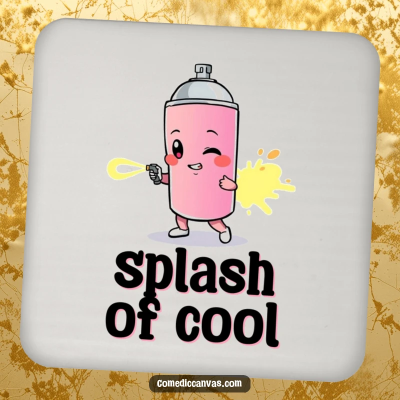 Funny drink coaster of a spray paint can character leaving a vibrant trail, a humorous and artistic item.