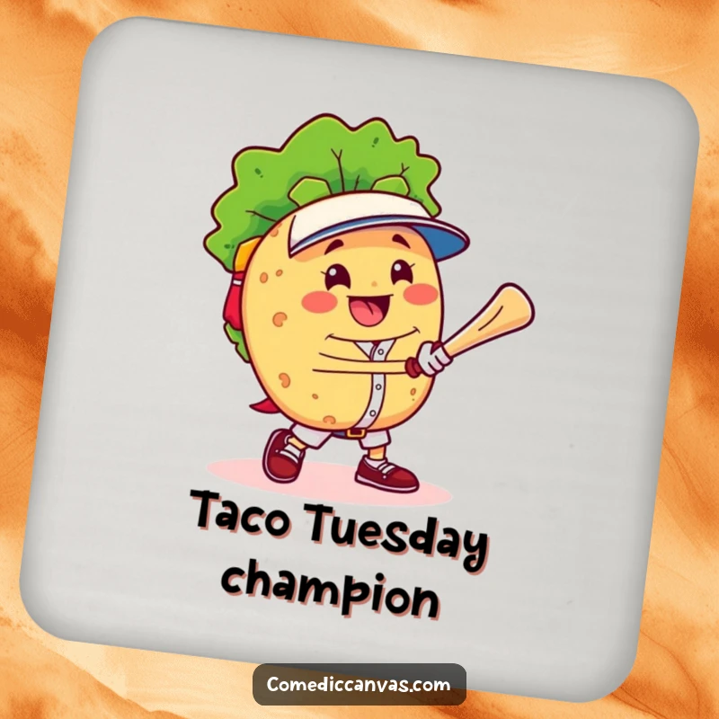 Funny cheerful taco character triumphantly playing baseball, providing humorous protection for surfaces on this coaster.