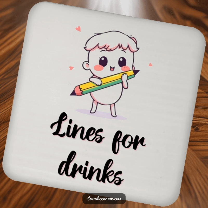 Funny kawaii pencil drawing a quick line, a protective coaster that adds artistic humor to any table setting.