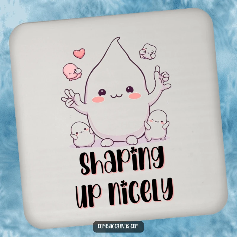 Funny playful clay blob character molding into shapes, set of coasters, humorous artistic illustration.