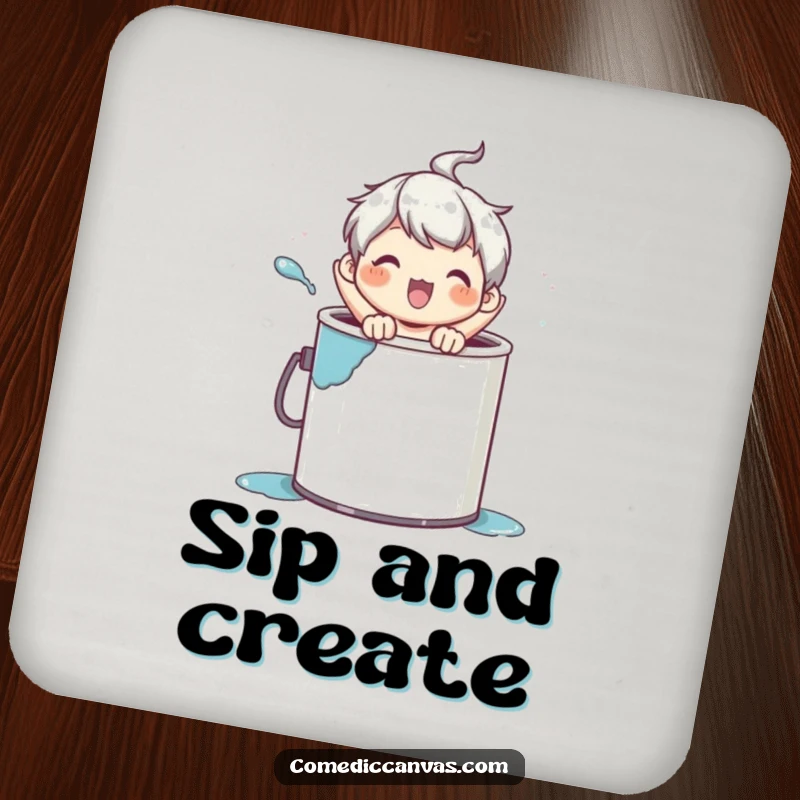 Funny coaster featuring a character popping out of a paint can, adding playful art to your home.