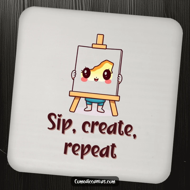 Funny drink coaster with a cute easel character holding a vibrant, unfinished drawing, protecting surfaces with artistic flair.