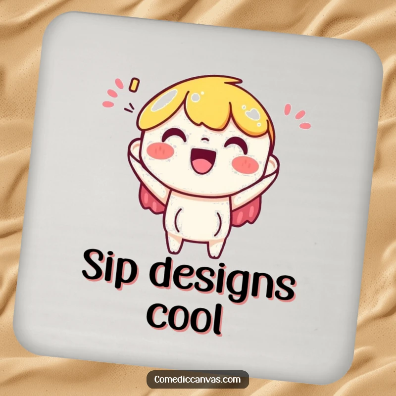 Funny drink coaster featuring a cheerful art paper character happily accepting a colorful design, protecting surfaces with artistic whimsy.