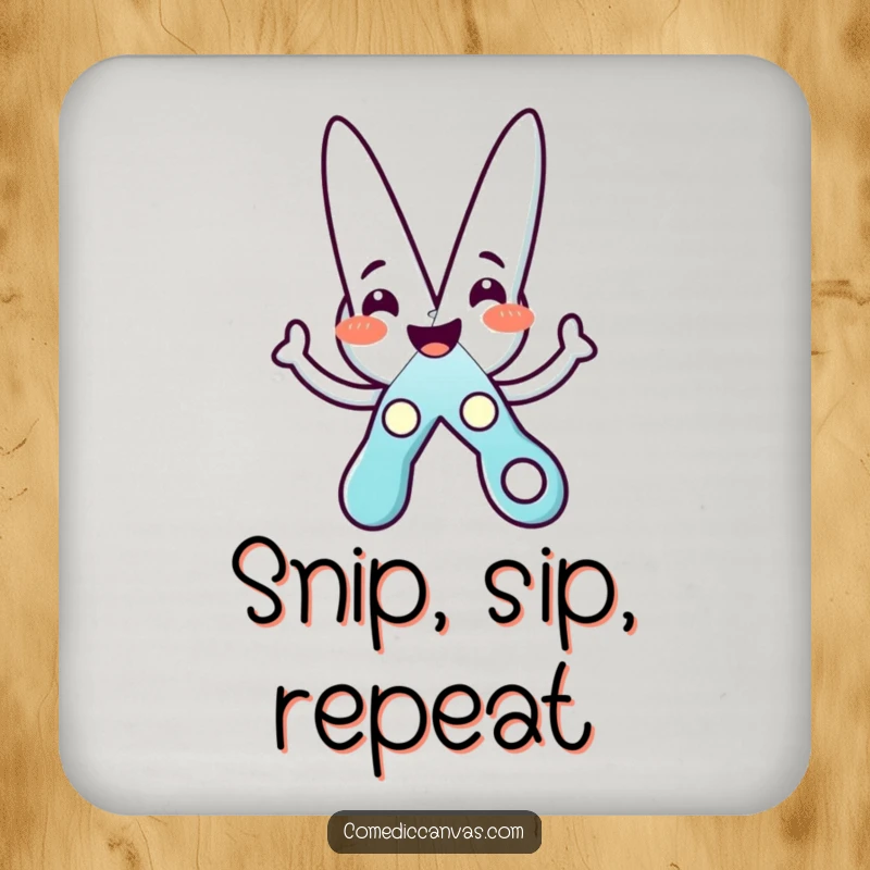 Funny drink coaster featuring a beaming scissors character cutting a star, protecting surfaces with artistic flair.