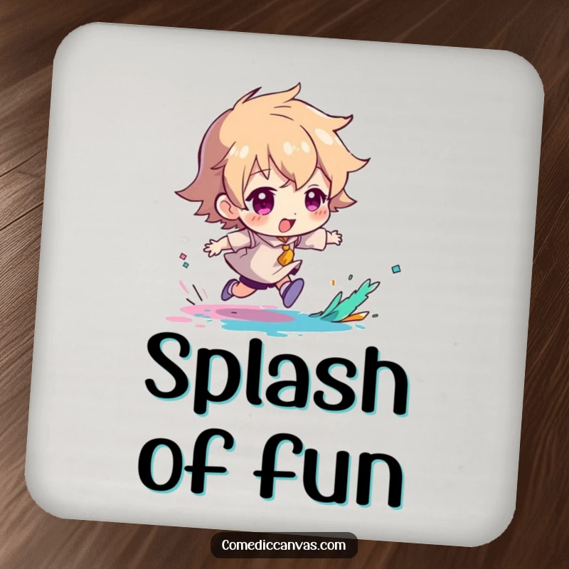 Funny coaster depicting a character playfully chasing a splash of paint, adding artistic flair.