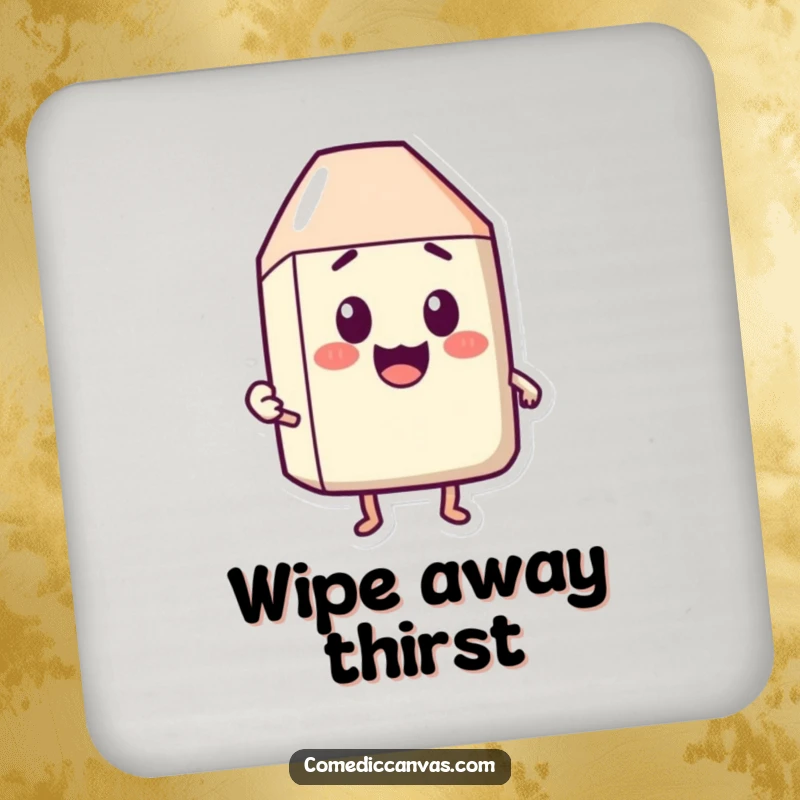 Funny drink coaster of a happy eraser character rubbing out a surprised expression, a humorous and protective item.