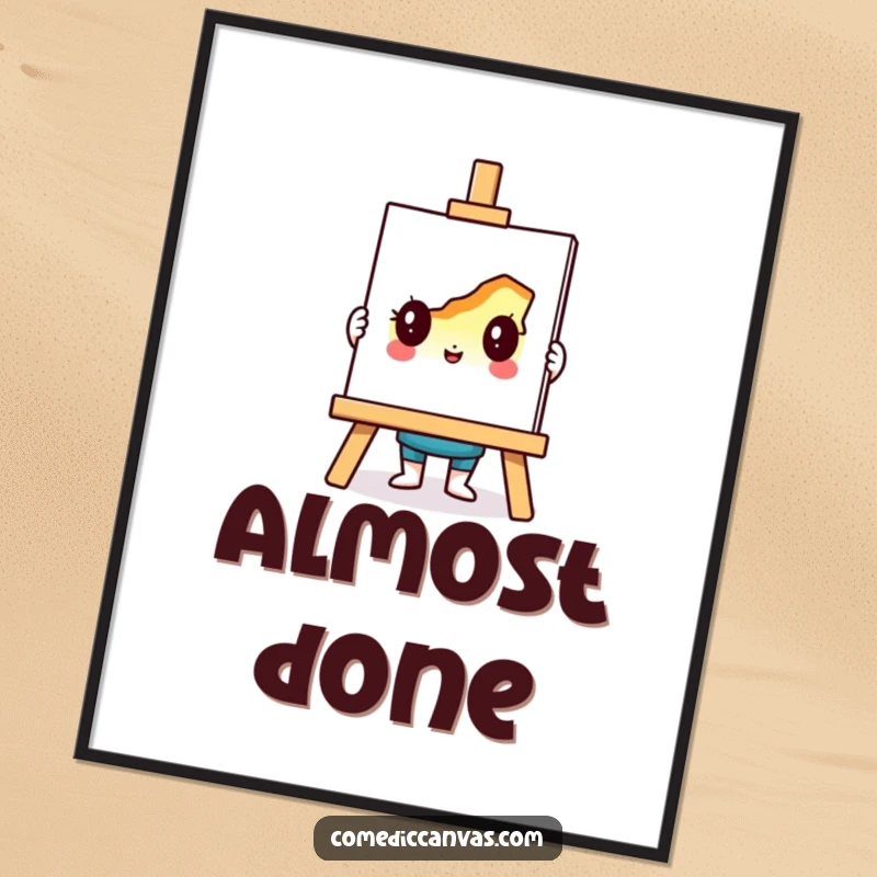 Funny poster of a cheerful easel character proudly presenting a vibrant, incomplete artwork, ideal for home or studio decoration.
