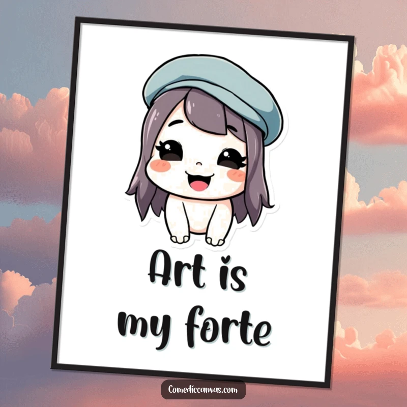 Funny poster of a smiling artist character with an askew beret, embodying playful artistic spirit.