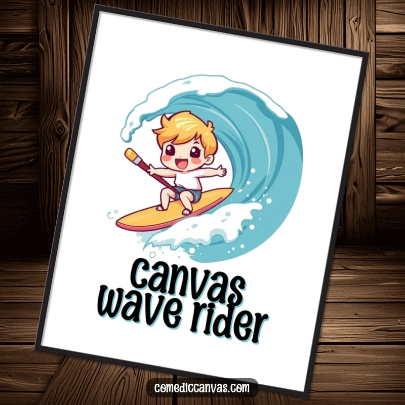 Funny poster illustration of a character giggling as they surf down a canvas wave on a paintbrush, a dynamic piece of art.