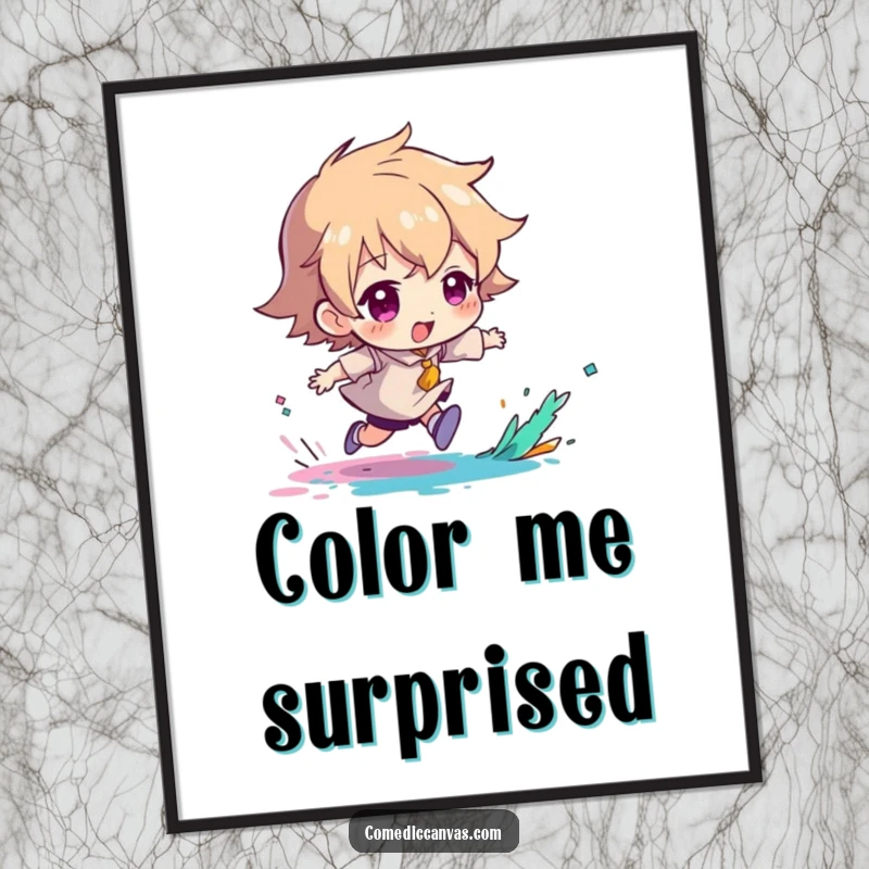 Funny poster of a character energetically chasing a blob of paint, celebrating artistic dynamism.