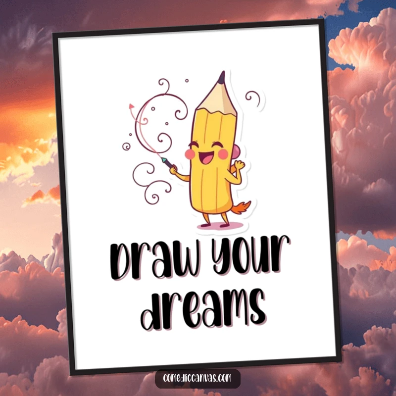 Funny art poster featuring a delighted pencil character actively drawing a whimsical, swirling design, perfect for decor.