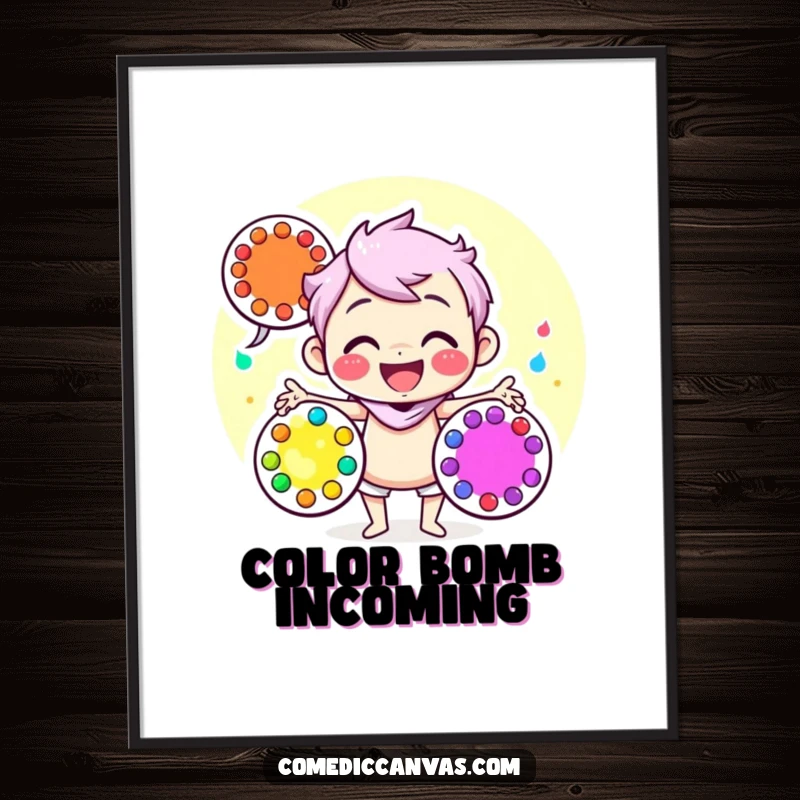 Funny poster of a happy character juggling three brightly colored art palettes, bringing vibrant artistic energy to any room.