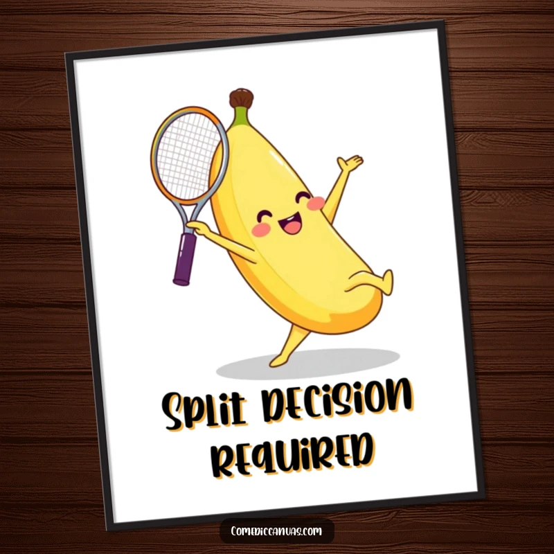 Funny banana character in mid-cartwheel with a tennis racket, displayed as vibrant and humorous wall art on this poster.