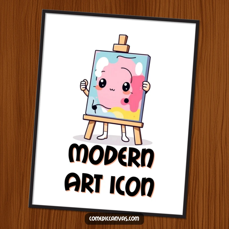 Funny determined easel character holding up a comically abstract masterpiece, large wall art poster, humorous artistic illustration.